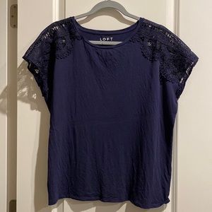 LOFT navy blue blouse with lace sleeves. EUC size L